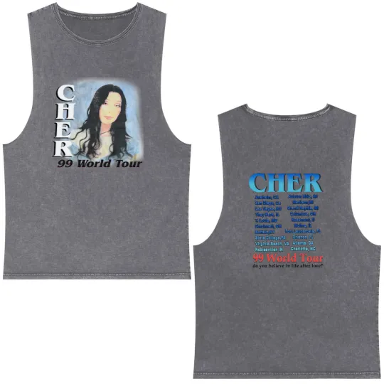 Discover Cher 1999 World Tour Do You Believe In Love After Love? White Bootleg Concert Double Sided Mineral Wash Tank Tops