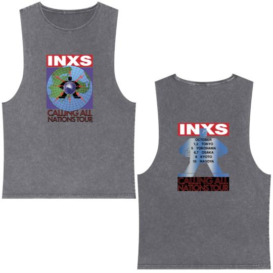 Discover 1988 INXS Calling All Nations Tour Double Sided Mineral Wash Tank Tops, INXS Japan Tour 1988 Double Sided Mineral Wash Tank Tops