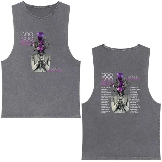 Discover Goo Goo Dolls Double Sided Mineral Wash Tank Tops, Chaos In Bloom Tour Double Sided Mineral Wash Tank Tops