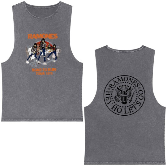 Discover Ramones Road to Run Tour 1979 Double Sided Mineral Wash Tank Tops, Ramones Hey Ho Let's Go Double Sided Mineral Wash Tank Tops