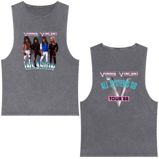 Discover Vinnie Vincent Invasion 1988 All Systems Go Tour Double Sided Mineral Wash Tank Tops