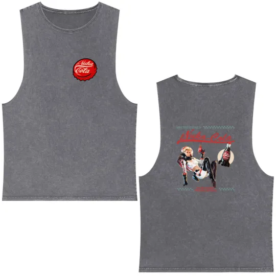 Discover Falllout Graphic Double Sided Mineral Wash Tank Tops,  Nuka Cola Bottle Cap with Vintage Ad on Back, Video Game Double Sided Mineral Wash Tank Tops