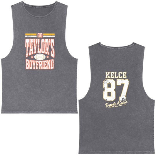 Discover Go Taylors Boyfriend Double Sided Mineral Wash Tank Tops, Vintage Travis Kelce Double Sided Mineral Wash Tank Tops