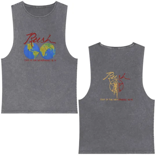 Discover Vintage 70s RUSH Tour of the Hemispheres Concert Double Sided Mineral Wash Tank Tops
