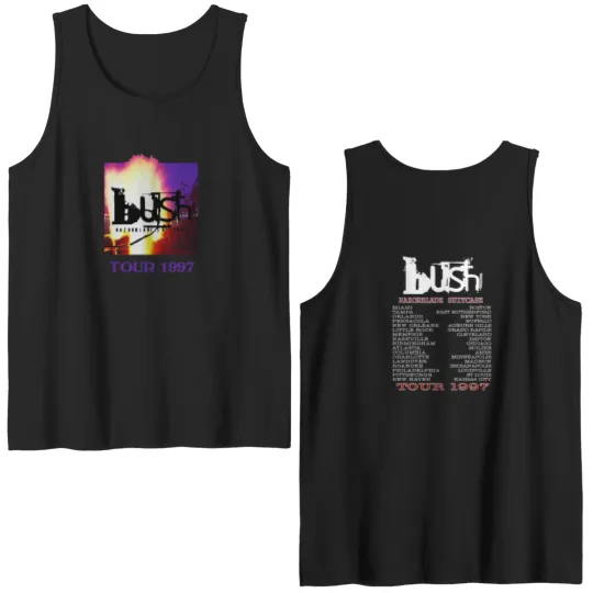 Discover Bush Razorblade Suitcase Tour 1997 Double Sided Tank Tops, Bush Band Double Sided Tank Tops, Bush Rock Tour 1997 Double Sided Tank Tops