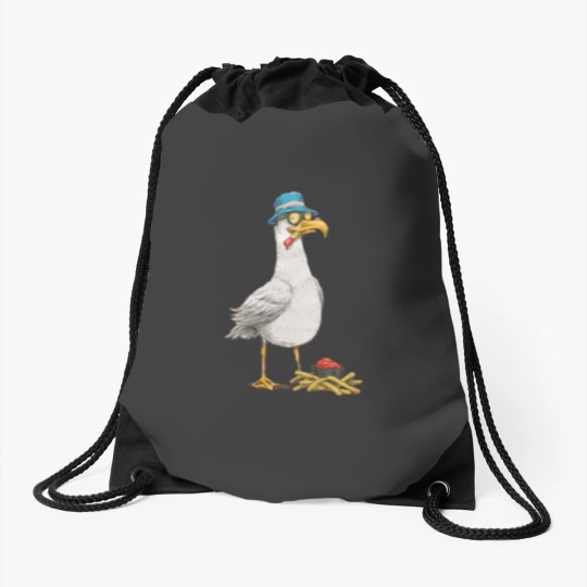 Discover Seagull with fries Drawstring Bags