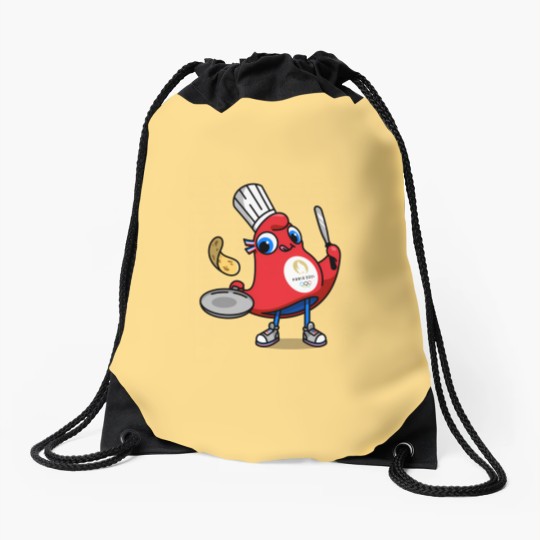 Discover Paris 2024 Phryges - Cartoon chef in red apron with food Drawstring Bags