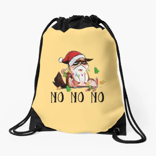 Discover Ugly Christmas Cat Wearing Xmas Hat Say "No No No" Drawstring Bags