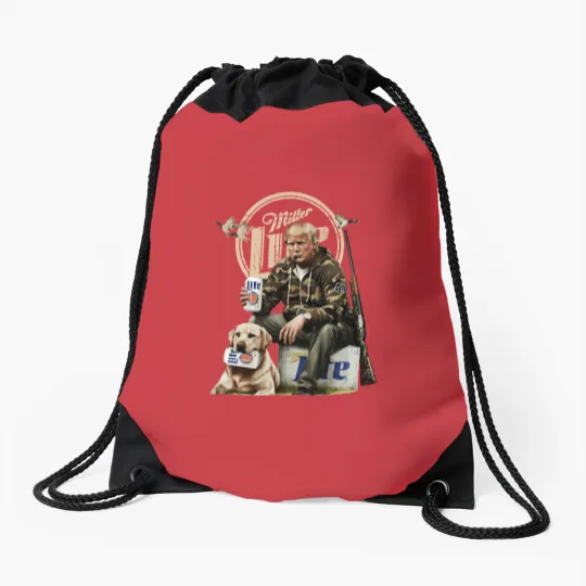 Discover trump hunting miller lite beer Drawstring Bags