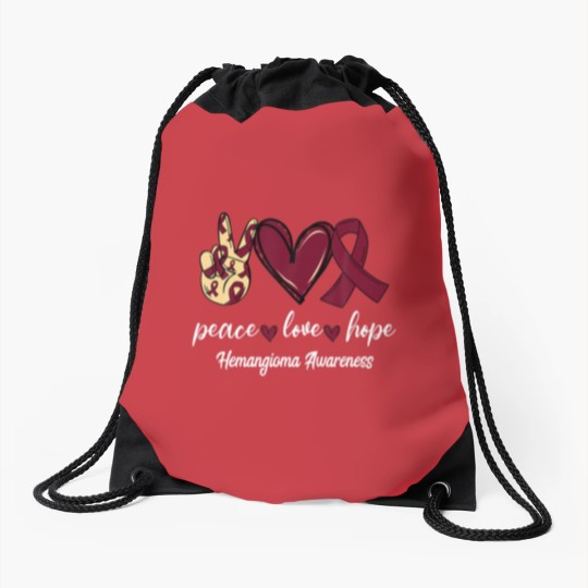 Discover Peace Love Cure Hemangioma Burgundy Ribbon Awarene Drawstring Bags