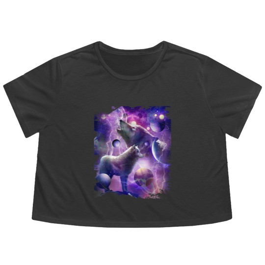 Discover Cosmic Wolf Howling At Moon In SpaceT Flowy Cropped Tees