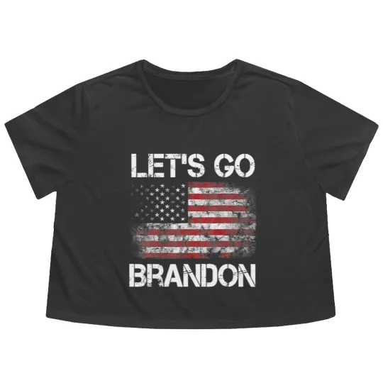 Discover Let's Go Brandon Vintage American Flag Patriotic on back Flowy Cropped Tees