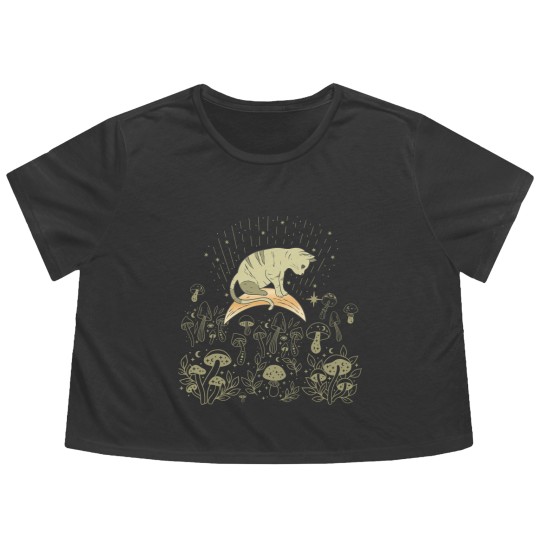 Discover Cottagecore Celestial Boho Mystical Mushrooms Moon Cat Flowy Cropped Tees