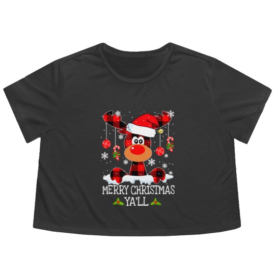 Discover Merry Christmas Ya'll Reindeer Santa Hat Buffalo Red Plaid Flowy Cropped Tees