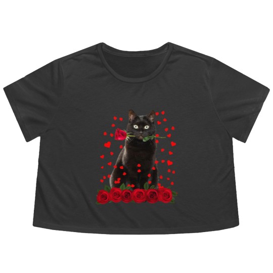 Discover Black Cat Valentines Day Teenager Flowy Cropped Tees