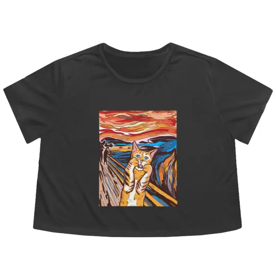 Discover Scream Flowy Cropped Tees Funny Tabby Cat Scream Edvard Munch's Painting The Scream