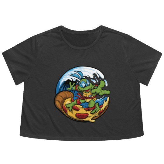 Discover ninja turtles surfing pizza Flowy Cropped Tees