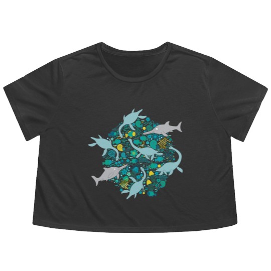 Discover Swimming with Plesiosaurs - cute prehistoric animal design - Swimming - Flowy Cropped Tees