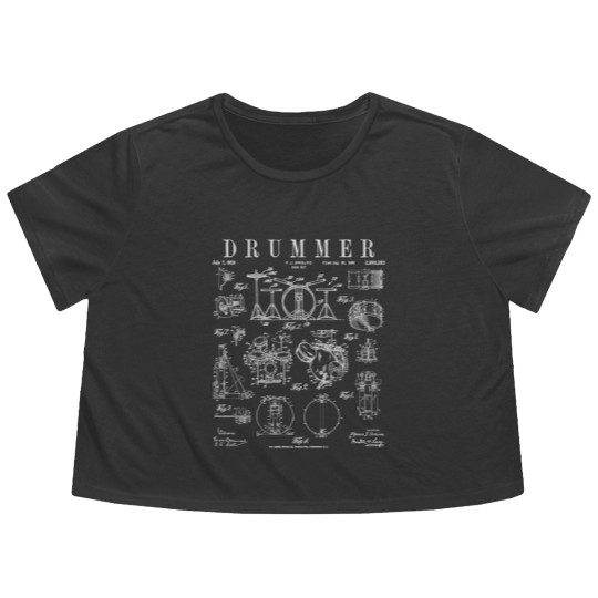 Discover Drum Set Kit Vintage Patent Drummer Drawing Print WHITE - Drummer - Flowy Cropped Tees