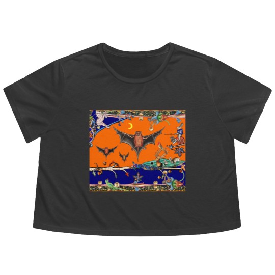 Discover WEIRD MEDIEVAL BESTIARY,FLYING BATS IN NIGHT BLUE Flowy Cropped Tees