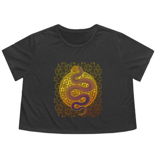 Discover Cosmic Serpent, Kene Anaconda Shipibo Pattern Flowy Cropped Tees