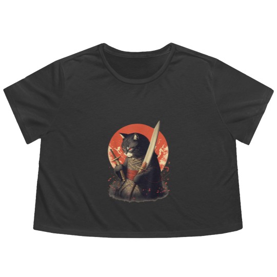 Discover Retro Japanese Samurai Ninja Cat Flowy Cropped Tees, Ninja Cat Flowy Cropped Tees