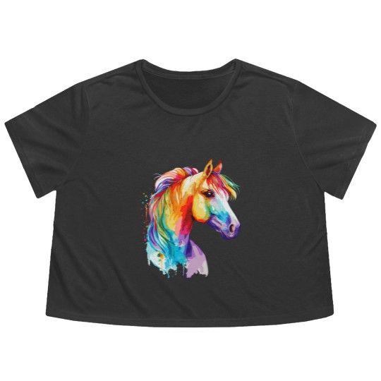 Discover Watercolor Horse Pony Colorful Pet Ponys Lover Flowy Cropped Tees