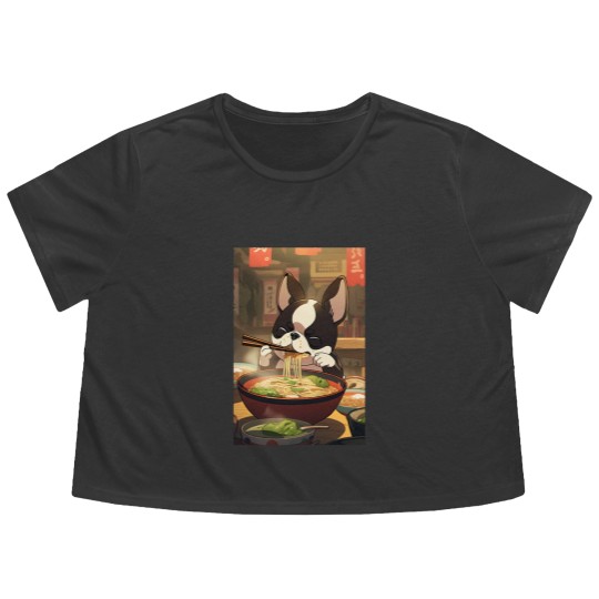 Discover Boston Terrier Eating Ramen Flowy Cropped Tees