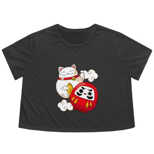 Discover Maneki Neko Lucky Cat Japanese Daruma Doll Kawaii Flowy Cropped Tees