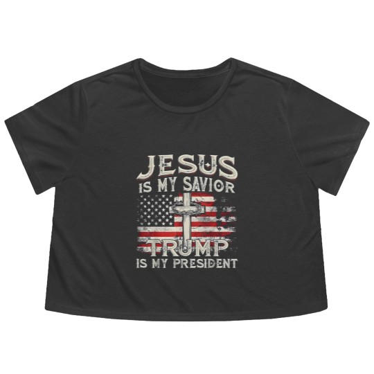 Discover Jesus Is My Savior Trump Is My President American Flag Flowy Cropped Tees