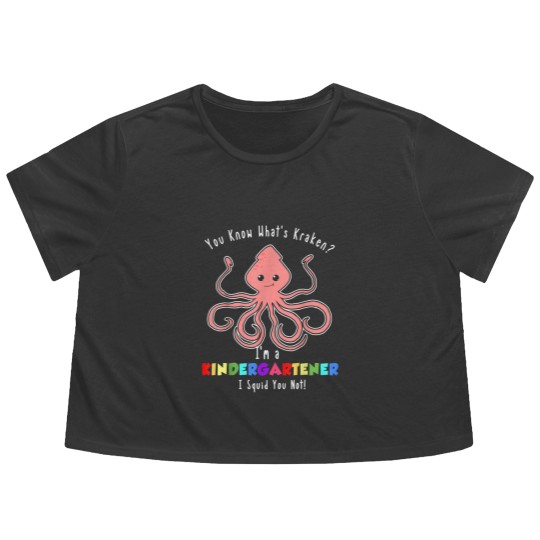 Discover Kindergarten Kraken Funny Back to School Pun Quote Joke Flowy Cropped Tees