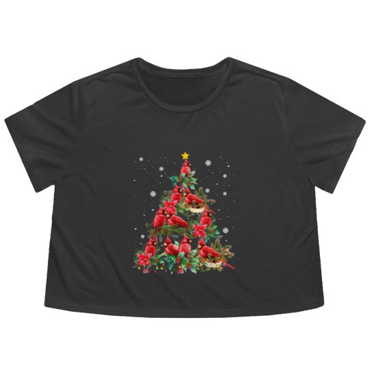 Discover Vintage Christmas Cardinal Birds Snowings Xmas Tree Lights Flowy Cropped Tees