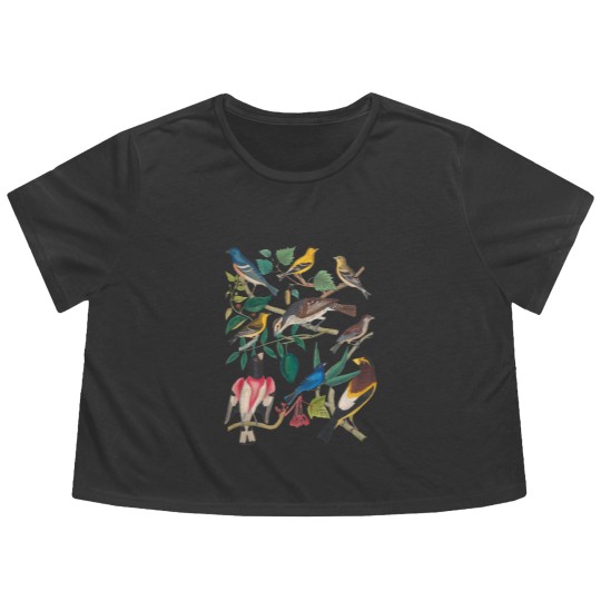 Discover Vintage Botanical Bird, Colorful Birds Short Sleeve Flowy Cropped Tees