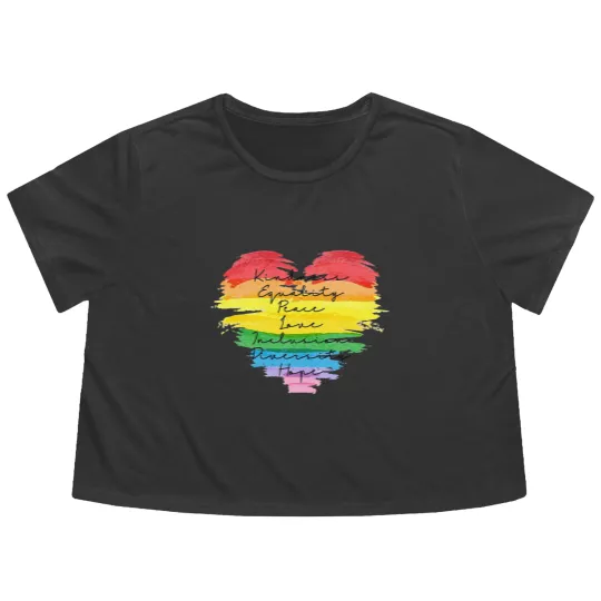 Discover Kindness Equality Peace Love Inclusion Diversity Hope Flowy Cropped Tees, LGBT Rainbow Flowy Cropped Tees