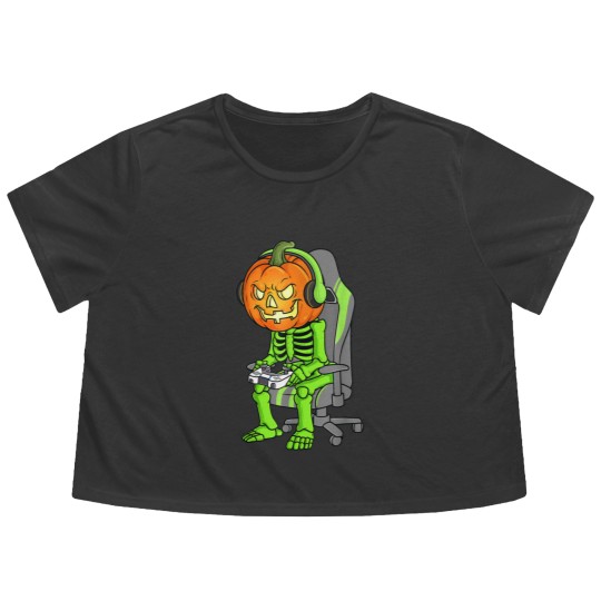Discover Gaming Halloween Skeleton Jack O Lantern Gamer Boy Flowy Cropped Tees