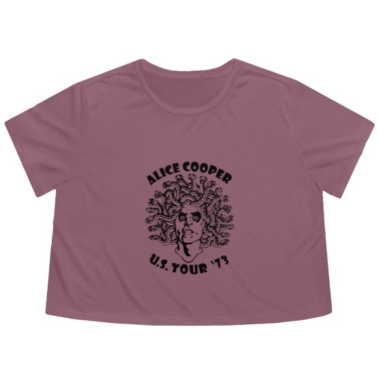 Discover Alice Cooper Men's Flowy Cropped Tees, Medusa USA Tour 1973 Cover White Graphic Flowy Cropped Tees