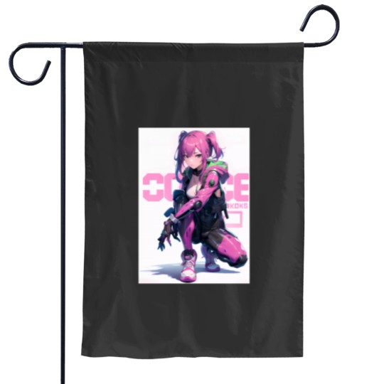 Discover Cute anime manga japanese girl pink hair urban cyberpunkss style Garden Flags