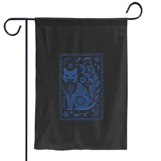 Discover folk art sassy cat and flowers in denim blue Long Garden Flags