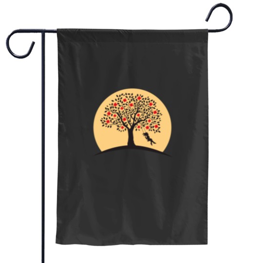 Discover Girl Swing On Tree Cute Girl Pushing a Swing under a Red flowering tree. Garden Flags