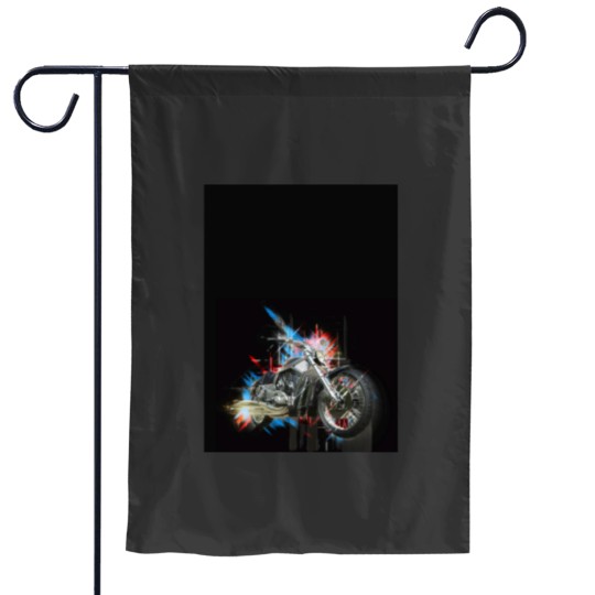 Discover Chrome motorcycle with colorful abstract element on black background Graphic Garden Flags