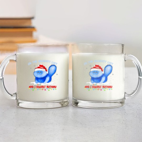 Discover On The Naughty List I Regret Nothing Cat Santa Glass Mugs