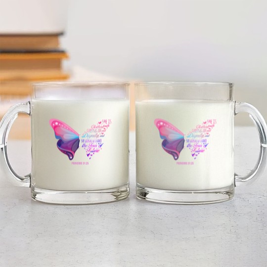 Discover Christian Bible Verse Proverbs 31:25 Butterfly Glass Mugs