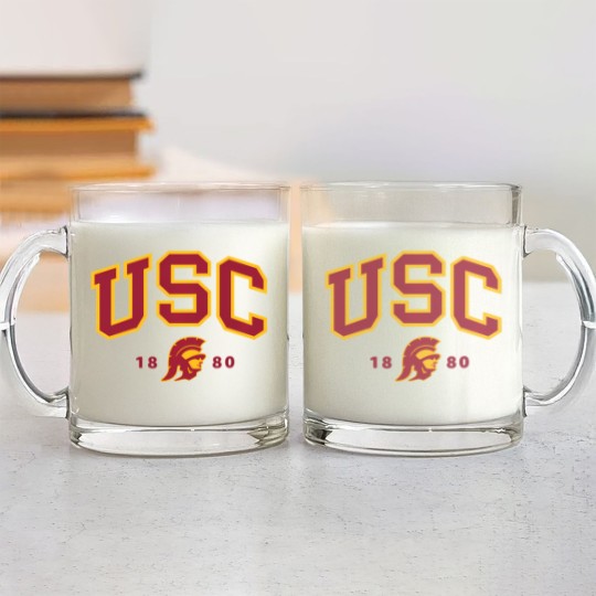 Discover usc curved block logo with cardinal gold trojan 1880 sweat Glass Mugs