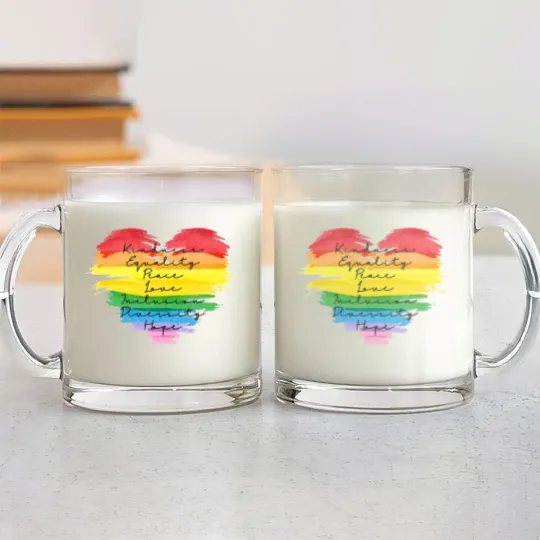 Discover Kindness Equality Peace Love Inclusion Diversity Hope Glass Mugs, LGBT Rainbow Glass Mugs