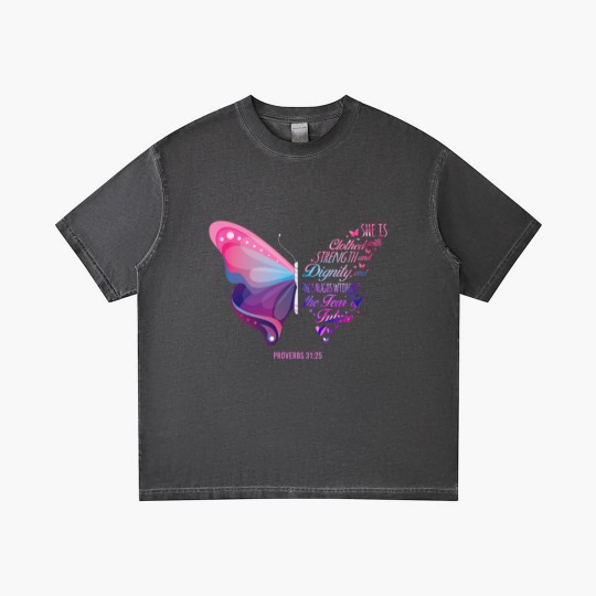 Discover Christian Bible Verse Proverbs 31:25 Butterfly Gradient T Shirts
