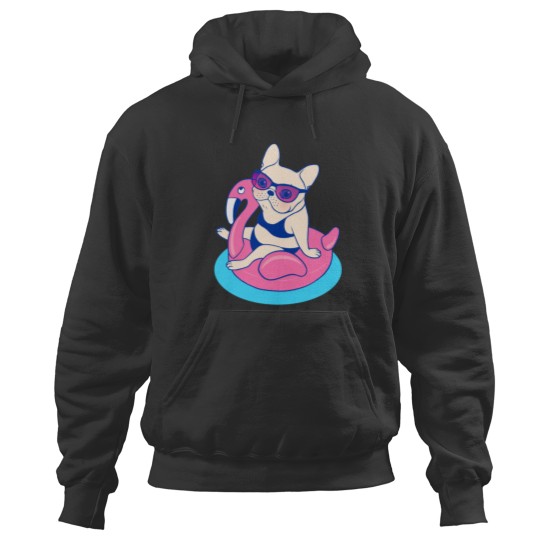 Discover Frenchie enjoys Summer on Flamingo Pool Float in swimming pool Tote Bag Hoodies