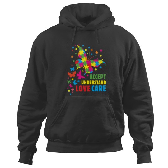 Discover Autism Awarenesses Butterfly Puzzle Accept Understand Love Care Inspirational Quote Cute Hoodies