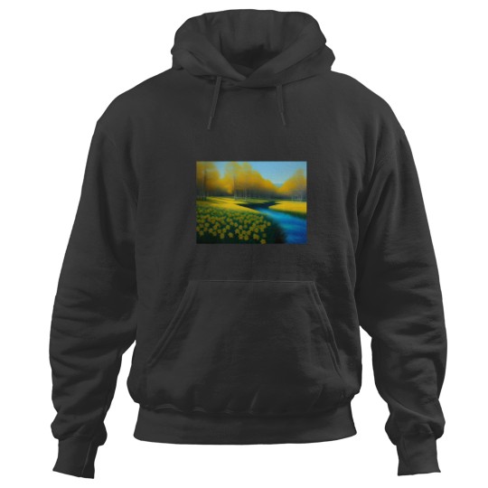 Discover Yellow springtime daffodils by the blue woods stream New Eng land floral landscape nature painting Ac Hoodies