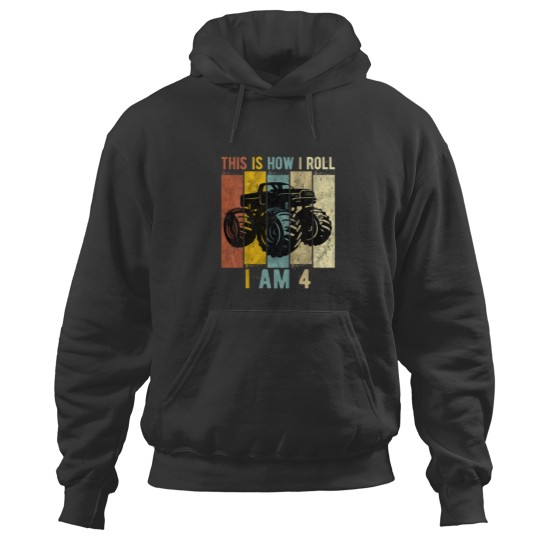 Discover Kids 4 Year Old Birthday Boy Monster Truck 4th Birthday Hoodies