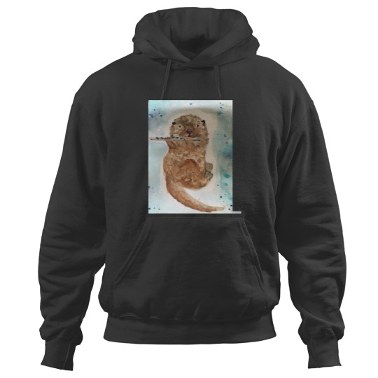 Discover Watercolor Otter Playing the Flute Hoodies